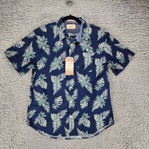 Jachs Shirt Mens Medium Navy Blue Leaf Print Short Sleeve Button Up *NWT*